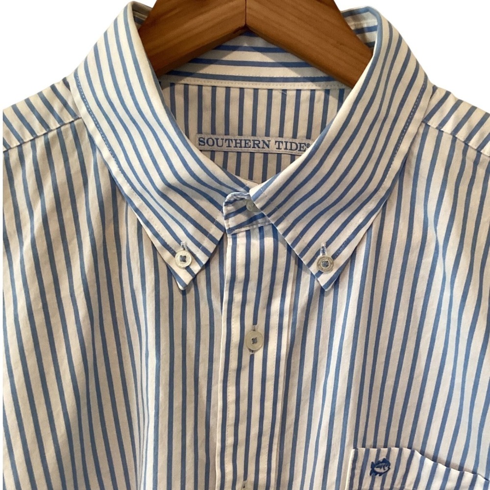 Southern Tide Blue White Striped Button Down Shirt Long Sleeve Cotton - Large